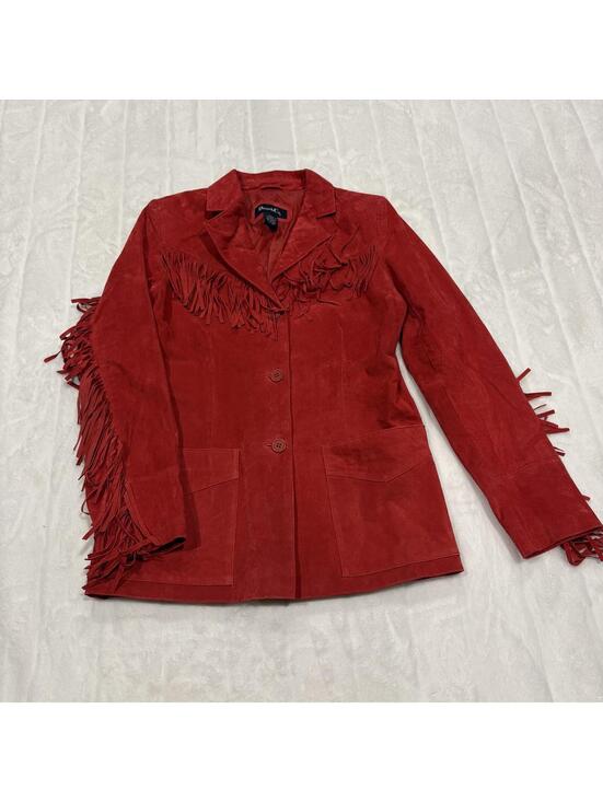 Jackets & Blazers - Denim & Co. Women's XS Red Leather Fringe Jacket Suede Stylish Outerwear